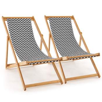 Tangkula 2pcs Foldable Patio Sling Chair w/ Solid Bamboo Frame & Breathable Canvas Seat Beach, Garden, Patio