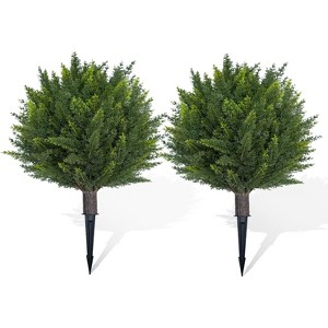 18" High Set of 2 Artificial Cedar Topiary Ball Trees, UV Resistant Outdoor Fake Plants with Ground Spike, for Indoor Front Porch - 1 of 4