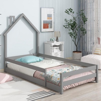 Streamdale Twin Size Wood bed with House-shaped Headboard Floor bed with Fences,Grey