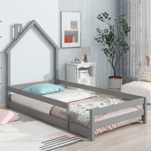 Streamdale Twin Size Wood bed with House-shaped Headboard Floor bed with Fences,Grey - 1 of 4
