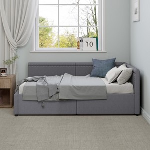 Modern Twin Size L-Shaped Daybed, Linen Upholstered Corner Bed with Two Storage Drawers, Left or Right Corner Option, Beige/Gray - ModernLuxe - 1 of 4