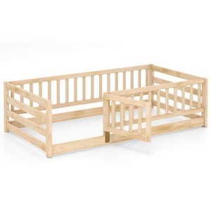 Safstar Twin Size Floor Bed w/High Fence & Door Safety Guardrails Wood Floor Bed Frame - 1 of 4