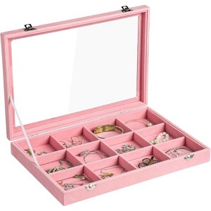 35-Grid Velvet Jewelry Tray with Clear Lid, Drawer Insert Organizer for Earrings & Rings, 13.8x9.5x2 Inches - 1 of 4