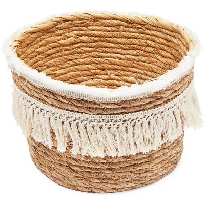 Boho Natural Woven Round Storage Baskets with Fringe, Set of 2