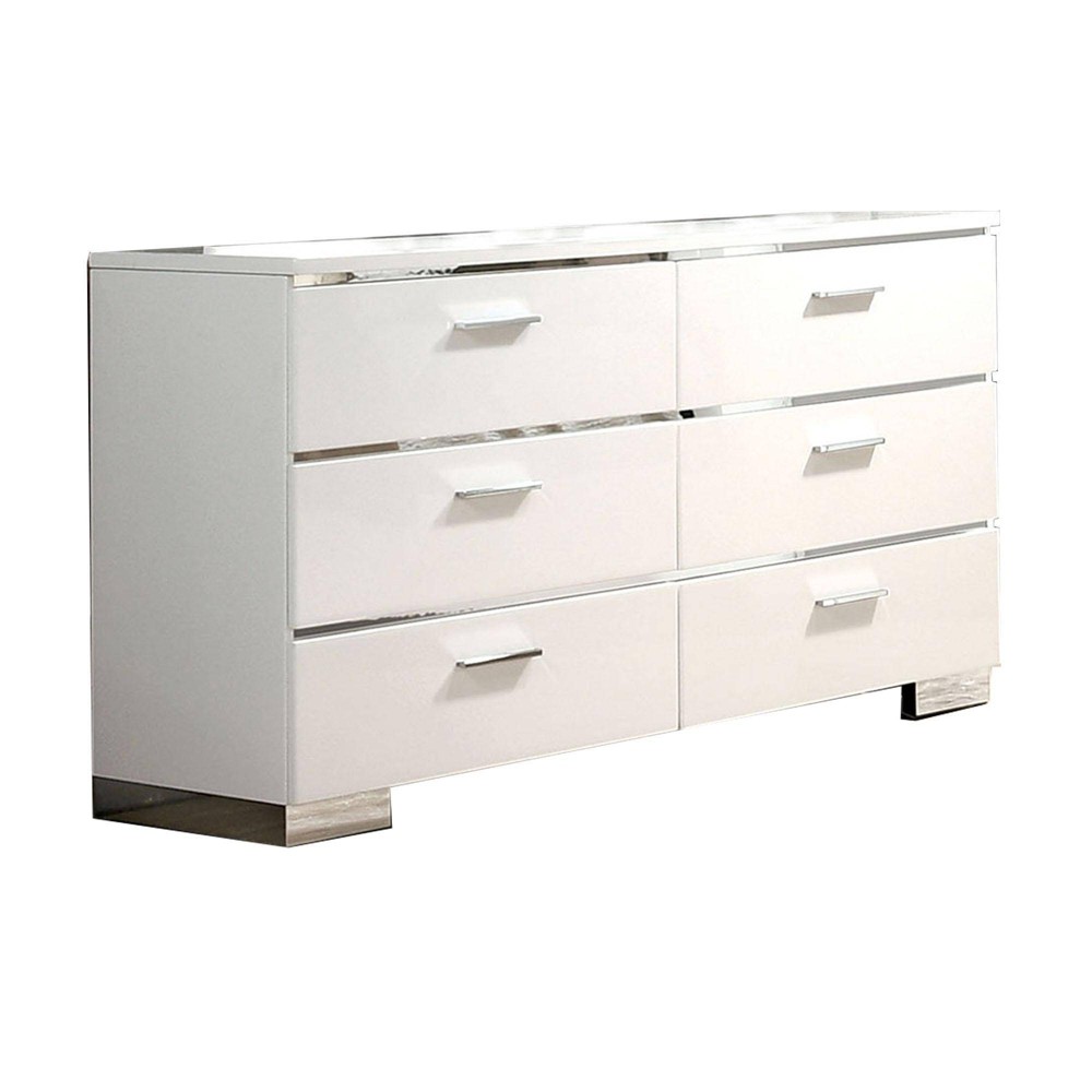 Benzara Wood and Metal Dresser with 6 Drawers and Block Leg White and Silver