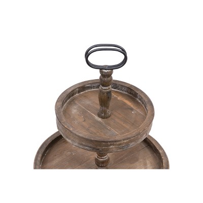 Rustic Brown Wood 2-Tier Round Tray with Metal Handle