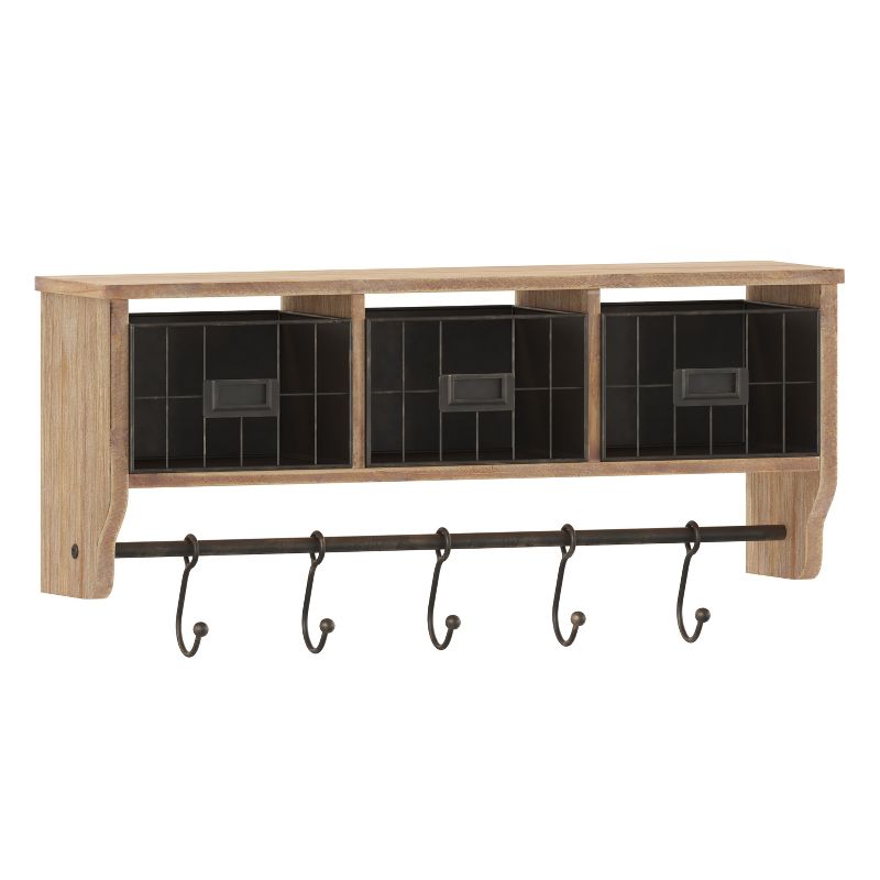Emma and Oliver Rustic Country Wall Mounted Shelf with 5 Adjustable Sliding Hooks and Three Wire Storage Baskets, 1 of 10