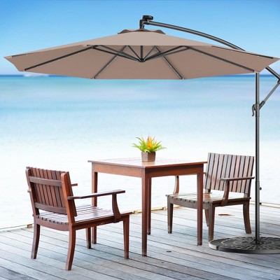 Costway 10' Hanging Solar LED Umbrella Patio Sun Shade Offset Market W/Base Tan