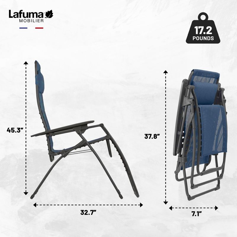 Lafuma Futura Zero Gravity Portable Ergonomic Outdoor Steel Framed Lawn Patio Recliner Folding Lounge Chair with Headrest Cushion, Ocean Blue, 3 of 7