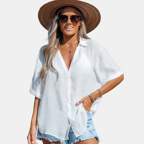Women's Button-front Cover Up Shirt - Cupshe-l-white : Target
