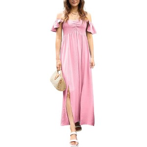Anna-Kaci Women's Flutter Sleeve Shirred Smocked Bodice Maxi Dress with Front Slits - 1 of 4