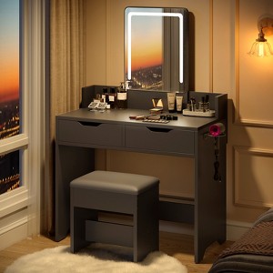 Bestier Vanity Desk Set with Lighted Mirror, Bedroom Makeup Table and Stool Set with Hair Dryer Holder, 31” Vanity Table and Chair with 2 Drawers - 1 of 4