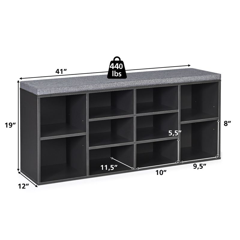 Costway Entryway Padded Shoe Storage Bench 10-Cube Organizer Bench Adjustable, 4 of 11