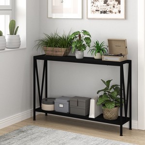 2-Tier Narrow Console Sofa Table with Storage Shelf, Metal Frame Wood Entryway Table with V Side Design, Side Table for Entryway, Living Room - 1 of 4