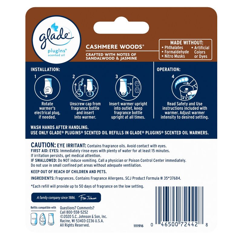 Glade PlugIns Scented Oil Air Freshener  Refills - Cashmere Woods - 1.34oz/2pk, 4 of 15