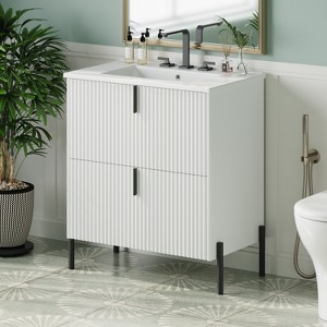 KWPZQEB 30" Modern Bathroom Vanity with Ceramic Sink, Vanity Cabinet w/ 2 Full-Extension Drawers & Vertical Pulls,Fluted Design Bath Vanity Sink Combo - 1 of 4