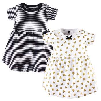 Hudson Baby Infant and Toddler Girl Cotton Short-Sleeve Dresses 2pk, Black Gold Heart