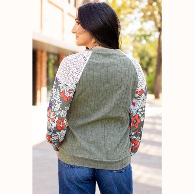 Laurel Green Floral Patchwork Long Sleeve Ribbed Blouse