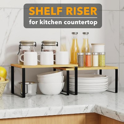 Short Black and Natural Bamboo Stackable Kitchen Shelf Organizer