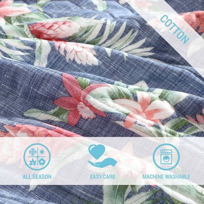 Navy Cotton Reversible King Quilt Set with Botanical Print