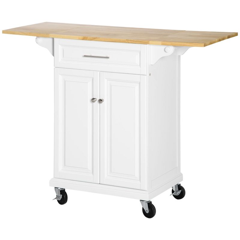 HOMCOM Kitchen Island Trolley Cart on Wheels with Drop Leaf Drawer Cabinet Towel Racks Versatile Use Natural Wood Top and White, 4 of 9