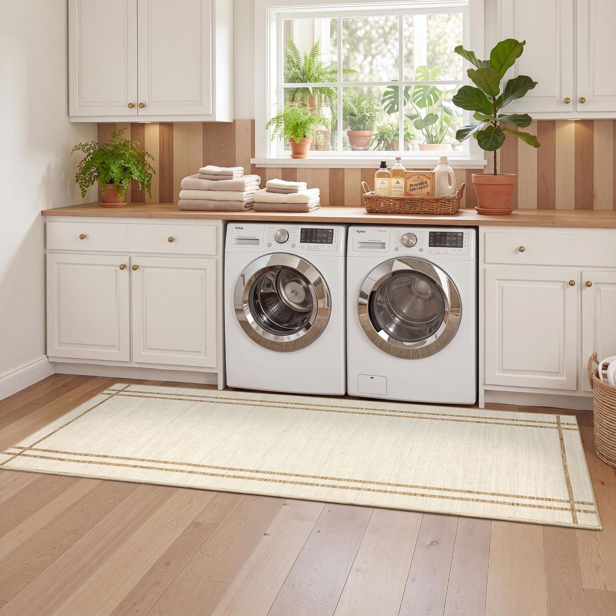Bordered Washable Area Rug with Non-Slip TPR Backing, Soft Neutral Carpet - thumbnail 4