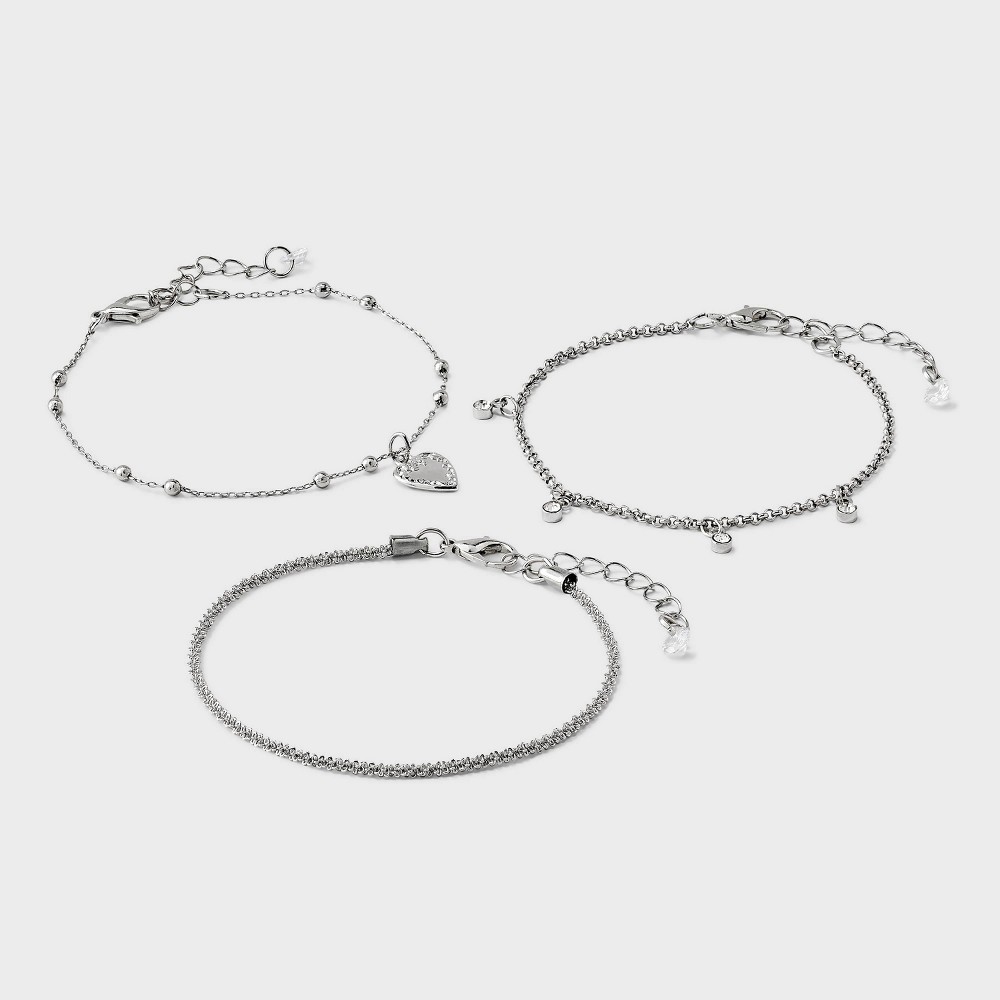 Embellished Heart Charm & Dainty Chain Bracelet Set 3pc - Wild Fable™ Silver