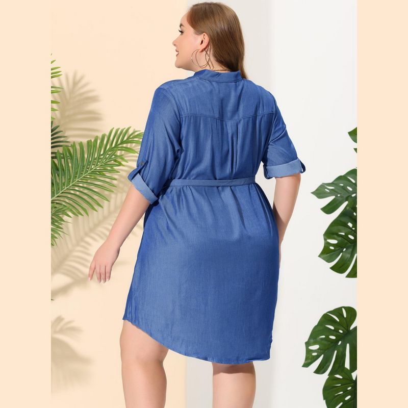 Agnes Orinda Women's Plus Size 3/4 Sleeve Belted High Low Hem Chambray T-Shirt Dresses, 5 of 7