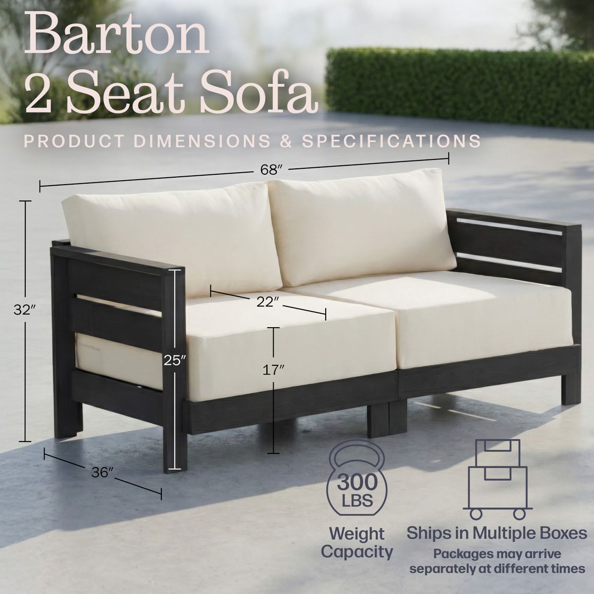 Alaterre Furniture Barton Outdoor Patio Loveseat - Weather-Resistant Eucalyptus Wood Outdoor Loveseat with Thick Cream Cushions - 2 Seater (Black) - thumbnail 3