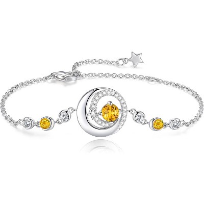 Moon & Star Birthstone Bangle, Sterling Silver Adjustable Charm Bracelet, Birthday Anniversary Christmas Gift for Women