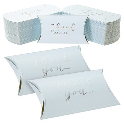 Sparkle and Bash 100 Pack Light Blue Thank You Boxes for Favors with Silver Foil, Bulk Gift Wrap for Party Supplies, 5.2 x 3.2 In