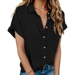 Zeagoo Women Linen Shirts Button Down Cotton Short Sleeve Blouses V Neck Collared Button-up Gauze Tops - 1 of 4