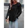 Frill Shoulder Boluse with Tiny Embroidered Lightweight Long Sleeve Crochet Blouse Lantern Sleeve Round Neck Tunic Blouse - 4 of 4