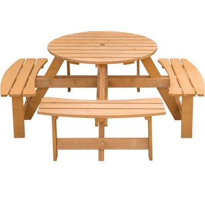 Stained Solid Wood Round Outdoor Picnic Table with Benches, 8 Person