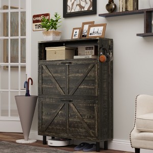 Halitaa Farmhouse Shoe Storage Cabinet with Barn Door Design, Shoe Organizer with 2 Flip Drawers, Freestanding Narrow Shoe Rack Cabinet - 1 of 4