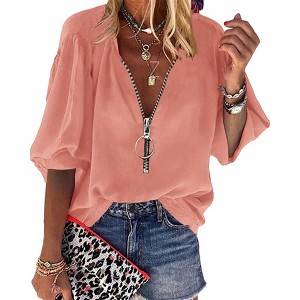 Imily Bela Womens V-Neck Lantern Sleeve Blouse Zipper Design Loose Casual Top Shirts - 1 of 4