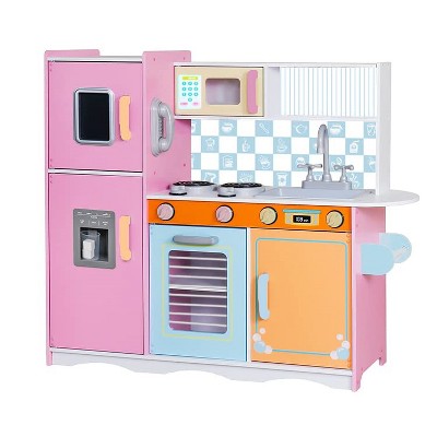 Lil' Jumbl Kids Kitchen Set, Pretend Wooden Play Kitchen with Chalk Board,  Play Phone, Towel Rack & Ice Dispenser, Clicking Knobs, Pots & Utensils