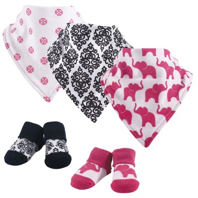 Yoga Sprout Baby Girl Cotton Bandana Bibs and Socks 5pk, Damask Elephant, One Size