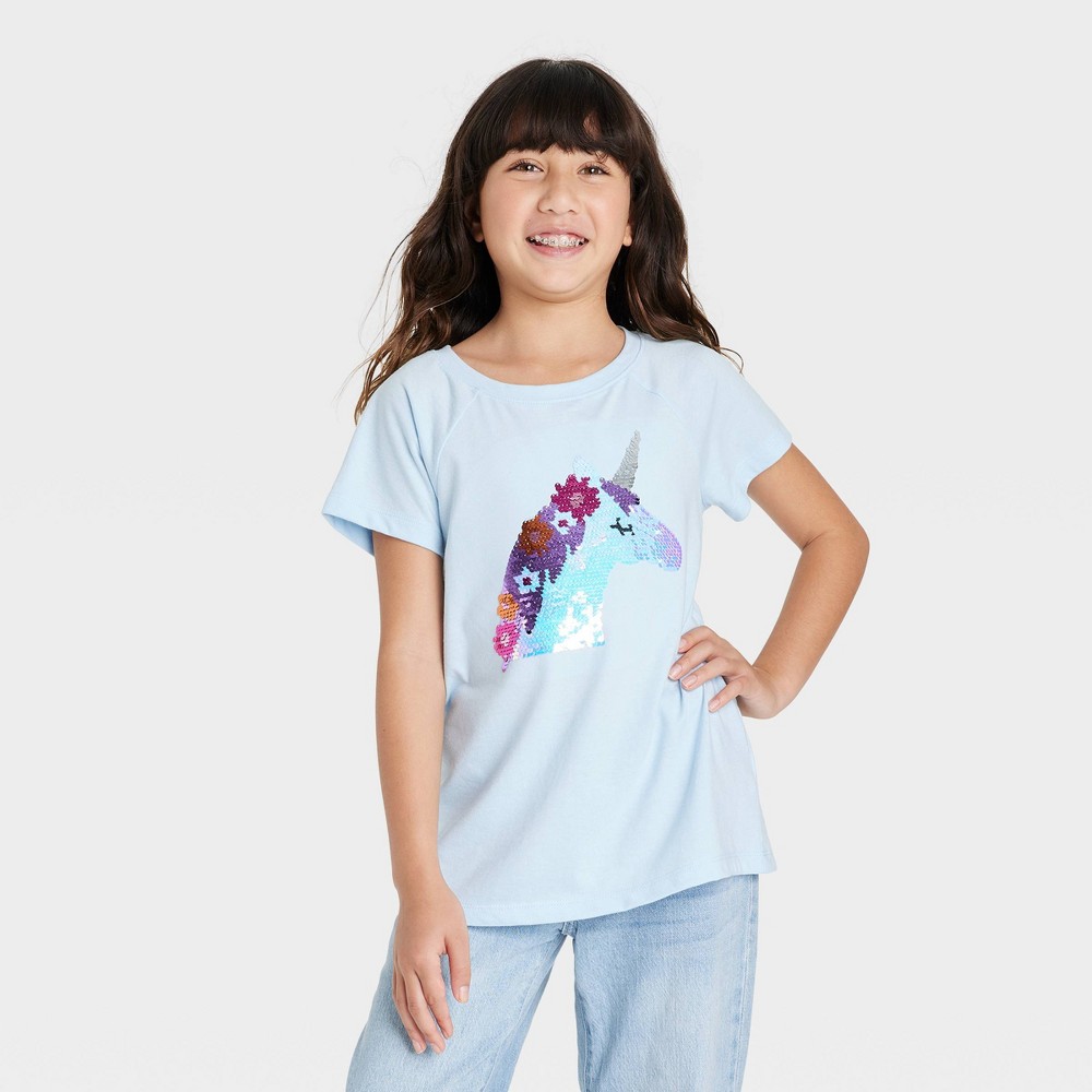 Girls' Flip Sequin Short Sleeve T-Shirt - Cat & Jack™ Soft Blue L