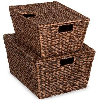 Best Choice Products Set of 2 XL Water Hyacinth Woven Tapered Storage Basket Chests w/ Attached Lid, Handle Hole