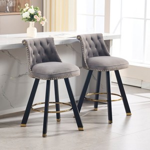 Set of 2,Back pull point design, velvet material, 360¡ã rotation, back pull loop detachable design, rivet decoration, square foot wooden bar chair - 1 of 4