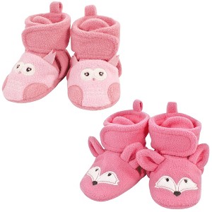 Hudson Baby Infant Girl Animal Fleece Booties 2-Pack, Pink Owl Fox - 1 of 4