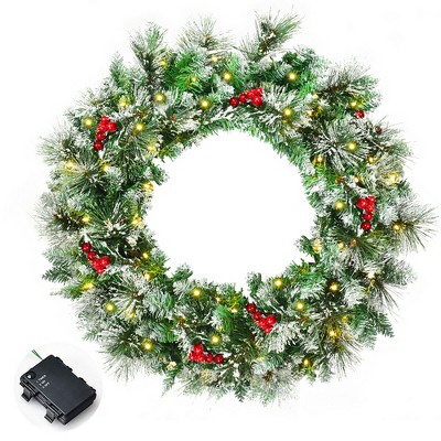 Costway 24'' Pre-lit Flocked Artificial Christmas Spruce Wreath w/ 50 LED Lights & Timer