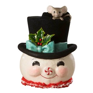 Bethany Lowe 13.5 Inch Jolly Snowman Top Hat Surprise Mouse Holly Peppermint Snowman Figurines - 1 of 3