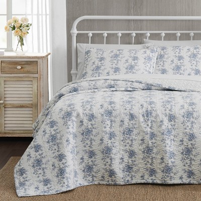 White and Blue Floral Cotton Full Quilt Set
