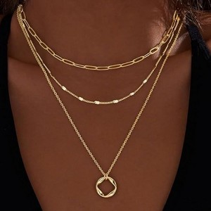 Layered Gold Necklaces for Women - HTUTWOO™ 14K Gold Silver Plated Trendy Circle Paperclip Chain Pendant Choker Necklace, for Everyday Wear - 1 of 4