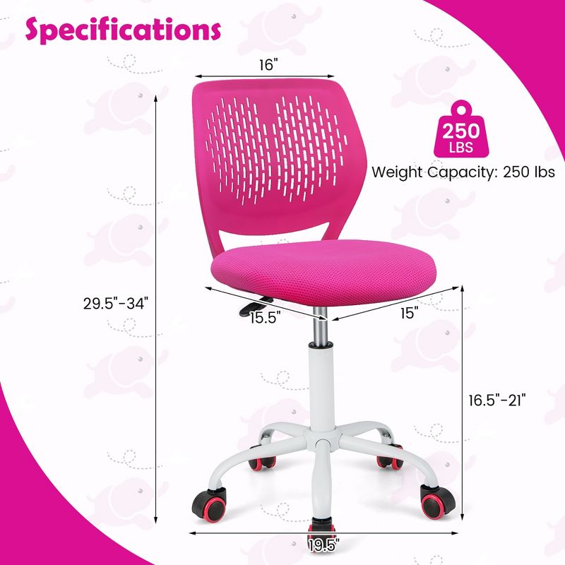 Costway Height-adjustable Ergonomic Kids Chair Breathable Mesh Desk Chair w/ Wheels Mobile Comfortable School Chair for Kids Room Blue/Purple/Green/Pink, 4 of 11