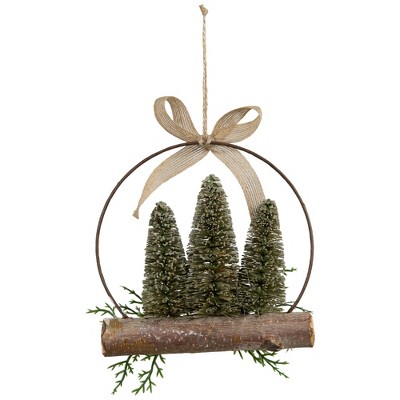 Rustic Frosted Green Bottle Brush Trees Ornament with Burlap Bow