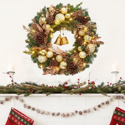 GAOMON 24 inch Lighted Christmas Wreath, Pre-Lit Xmas Wreath with Bells and Christmas Balls, Christmas Decorations, Christmas Wreath