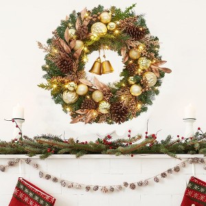 GAOMON 24 inch Lighted Christmas Wreath, Pre-Lit Xmas Wreath with Bells and Christmas Balls, Christmas Decorations, Christmas Wreath - 1 of 4